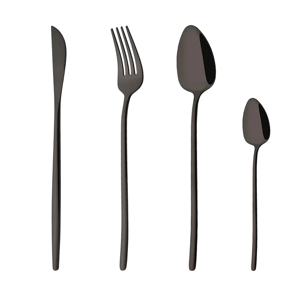 Set of black cutlery including a knife, fork, spoon, and smaller spoon on a white background.