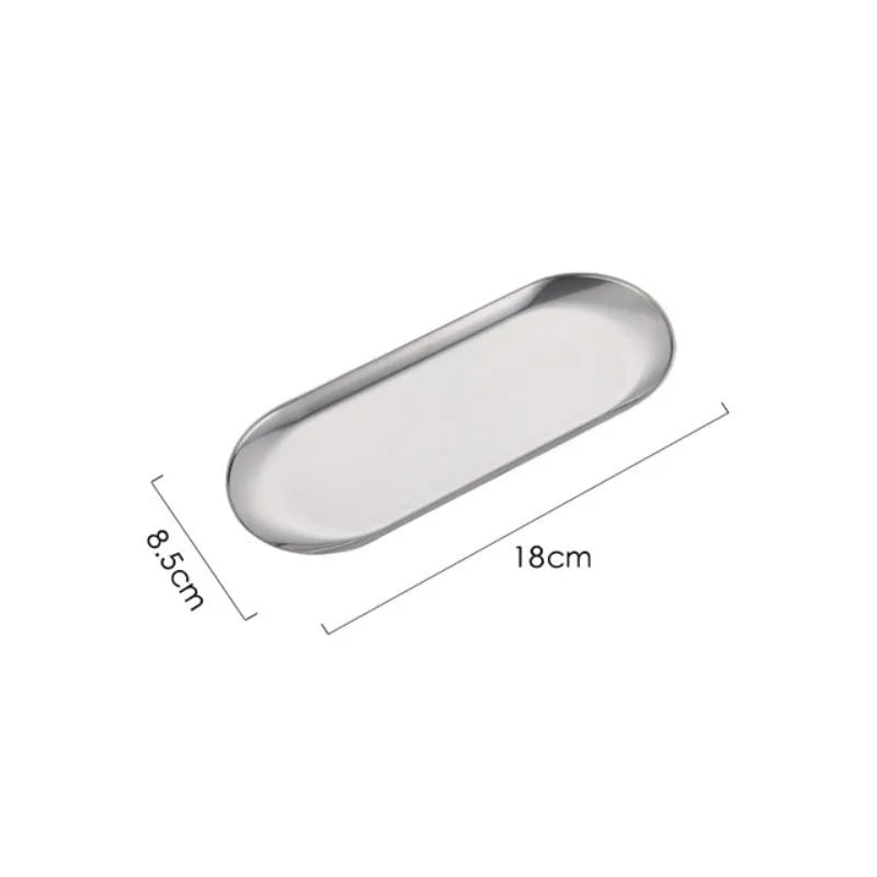 Silver oval tray with dimensions: 18cm x 8.5cm