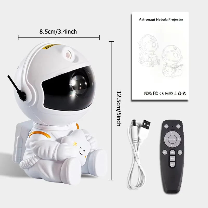 Astronaut nebula projector with dimensions of 5 inches height and 3.4 inches diameter, remote control, and cable on a white background