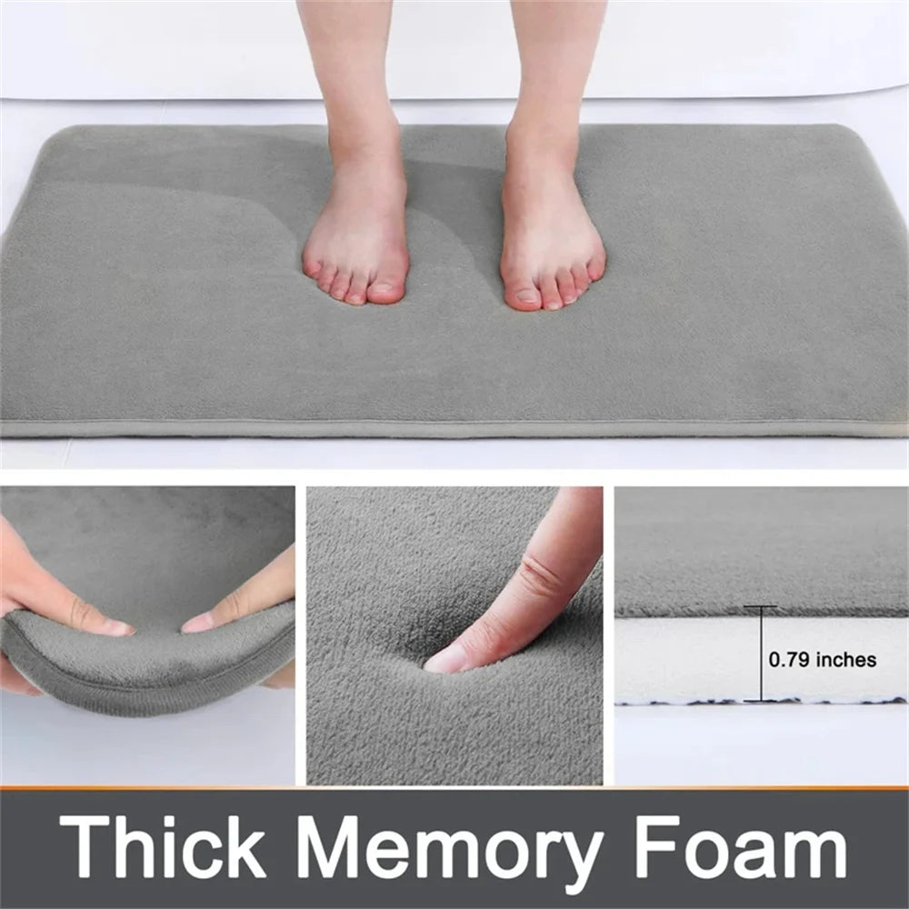 Gray memory foam mat with feet on it, close-up of texture, and measurement details.