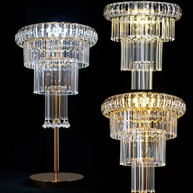 Three crystal chandeliers on a black background