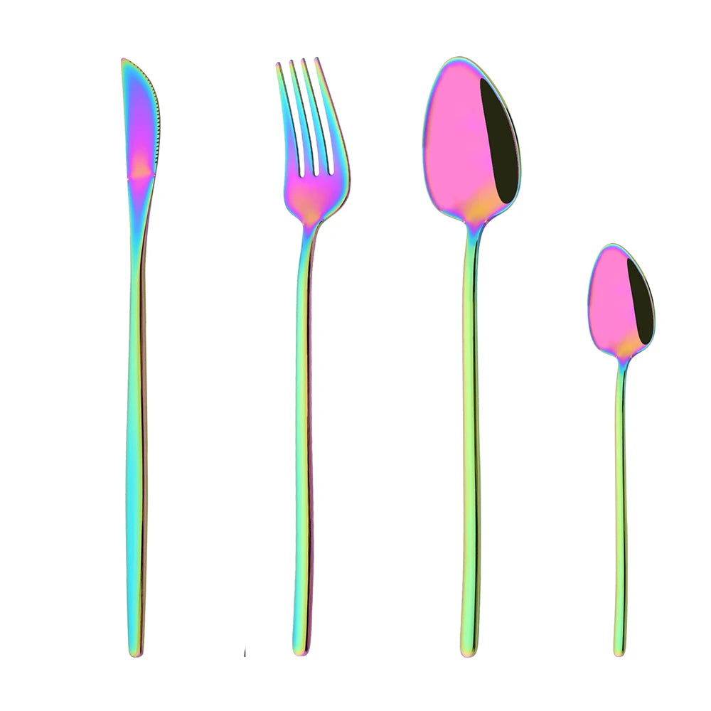Set of iridescent cutlery including a knife, fork, and two spoons on a white background.