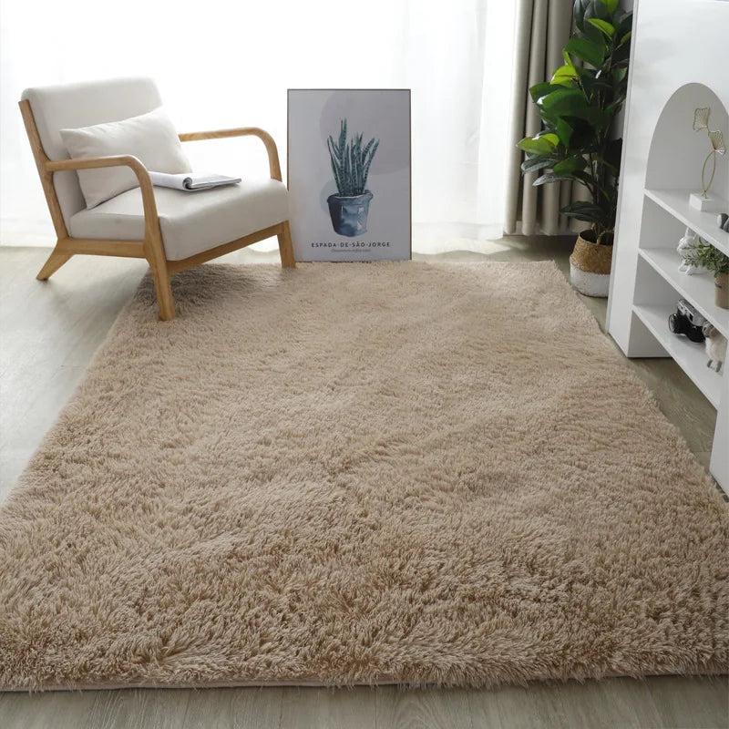 Beige rug in a living room with a chair, plant, and shelf.