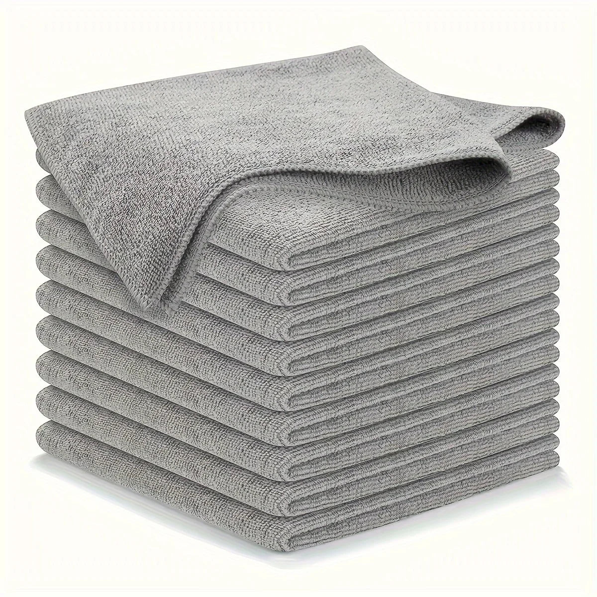 Stack of 10 gray towels on a white background
