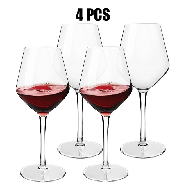 Four wine glasses filled with red wine on a white background, labeled '4 PCS'.