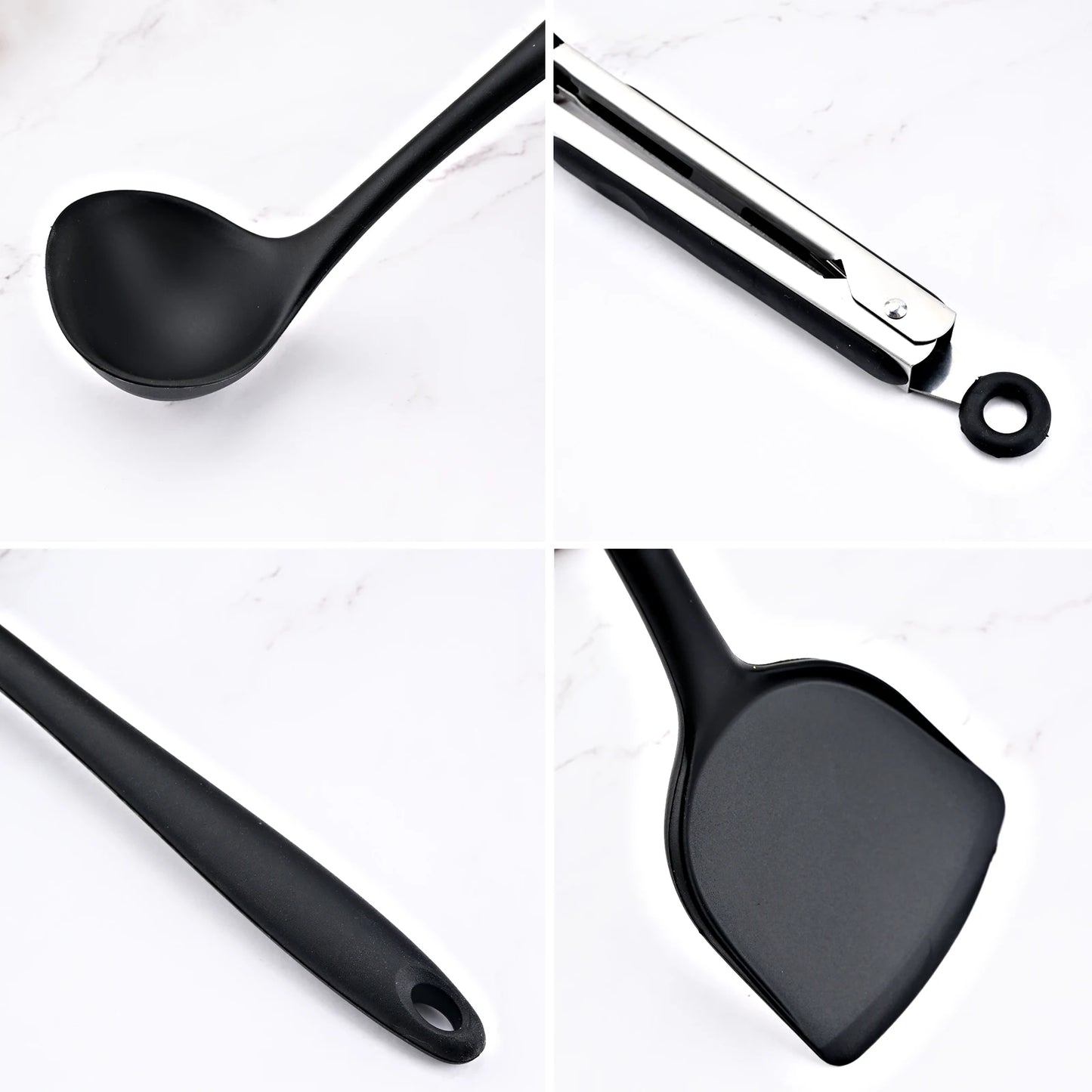 Set of black kitchen utensils including a ladle, tongs, and spatula on a white background
