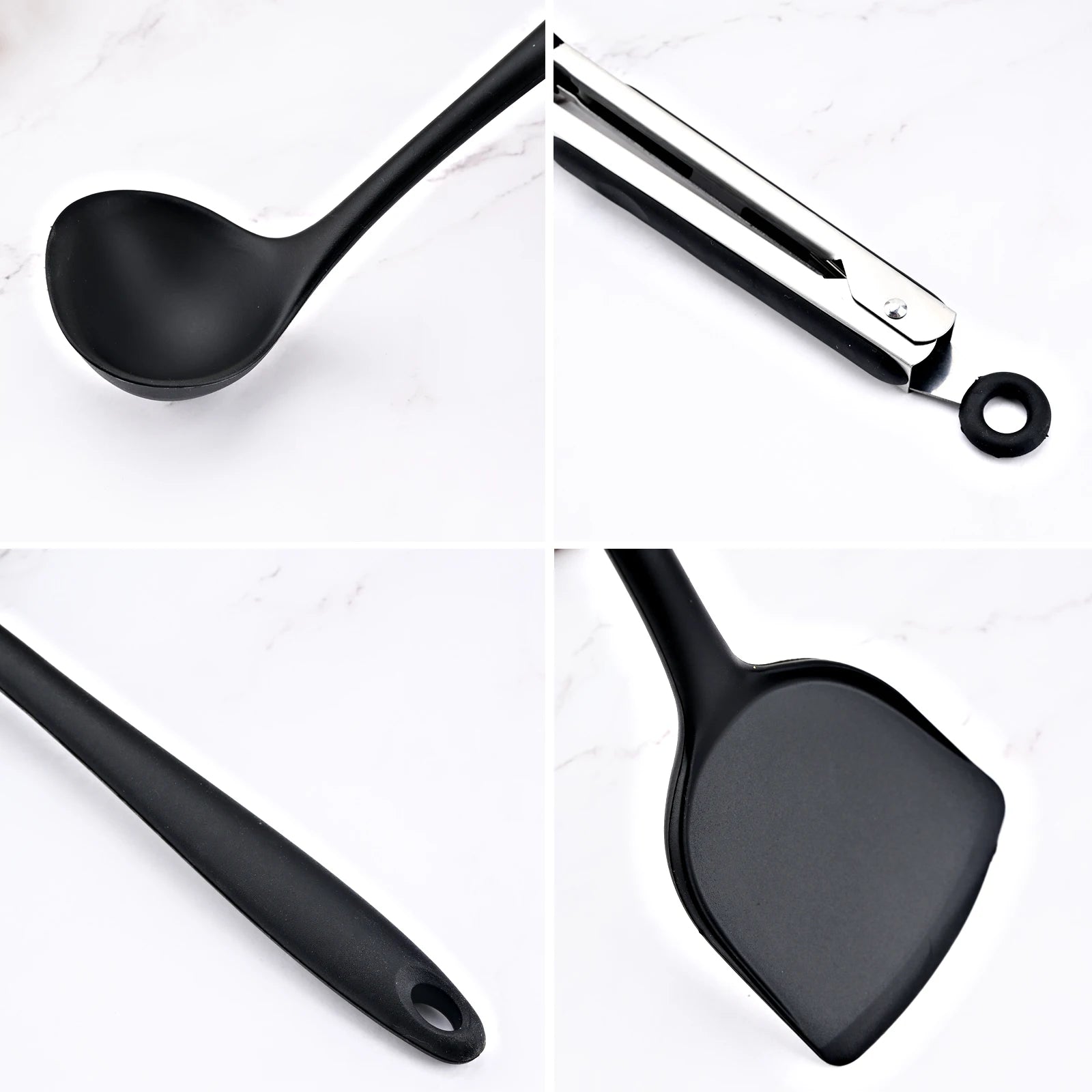 Set of black kitchen utensils including a ladle, tongs, and spatula on a white background