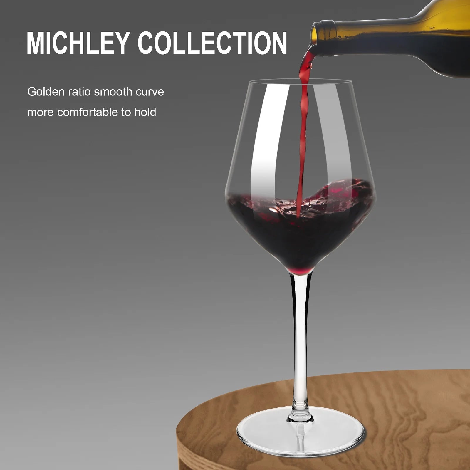 Wine glass being filled with red wine on a wooden surface, with 'Michley Collection' branding.