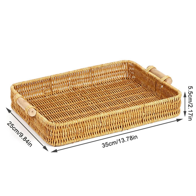 Woven rattan tray with dimensions: : 25cm x 35cm x 5.5cm