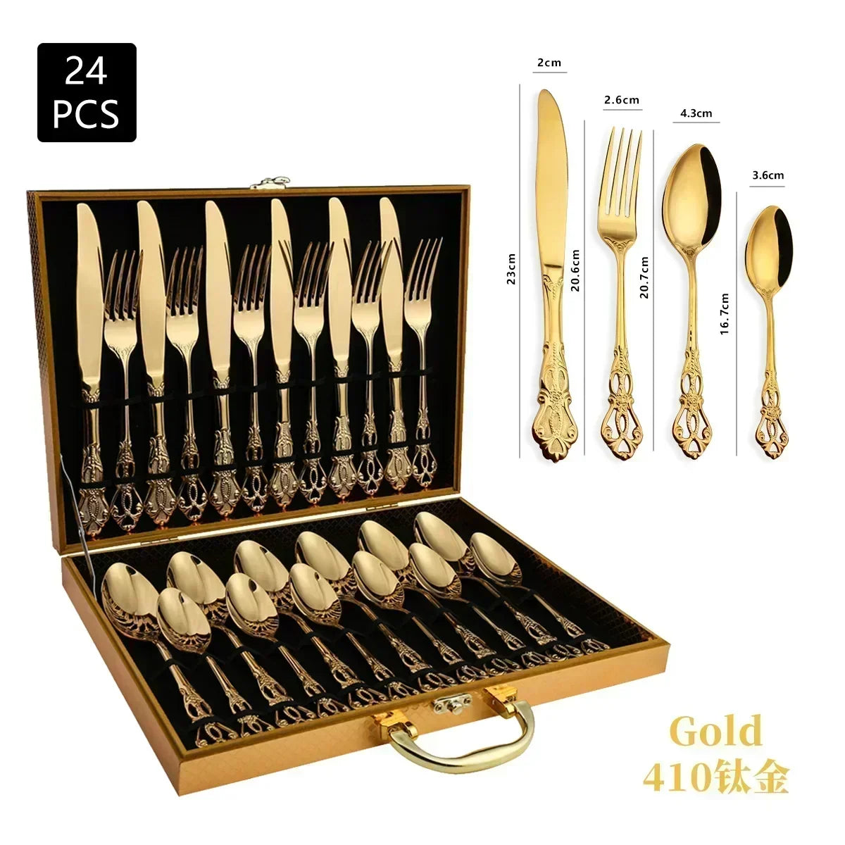 Gold cutlery set with case and measurements on a white background