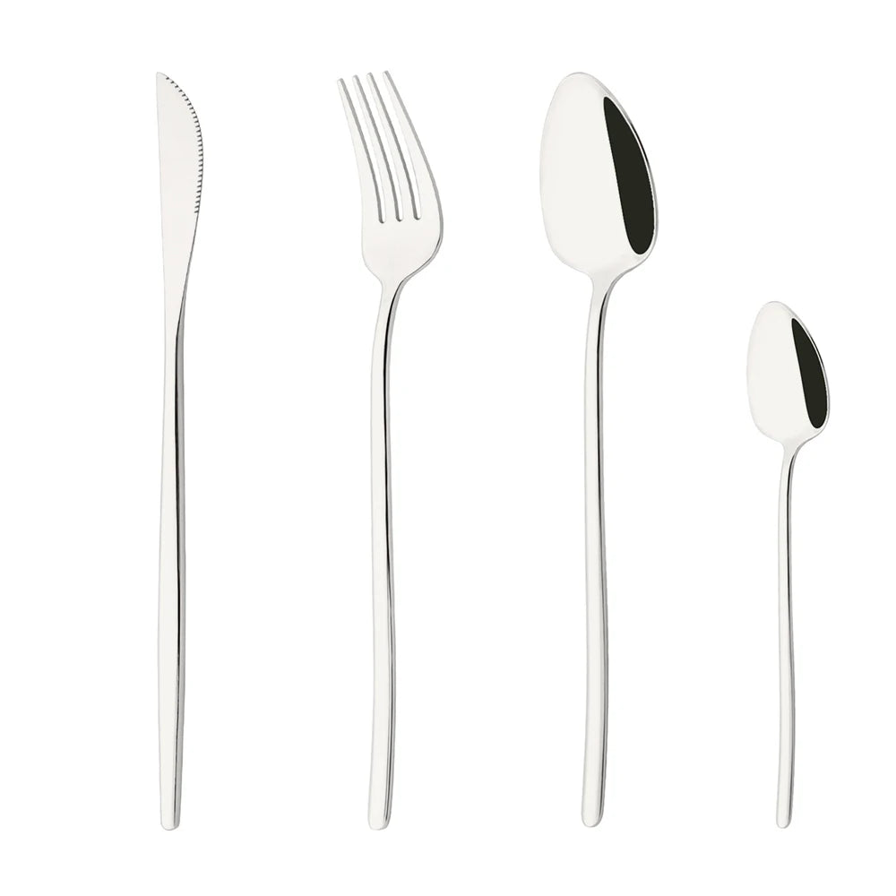 Set of silver cutlery including a knife, fork, and two spoons on a white background