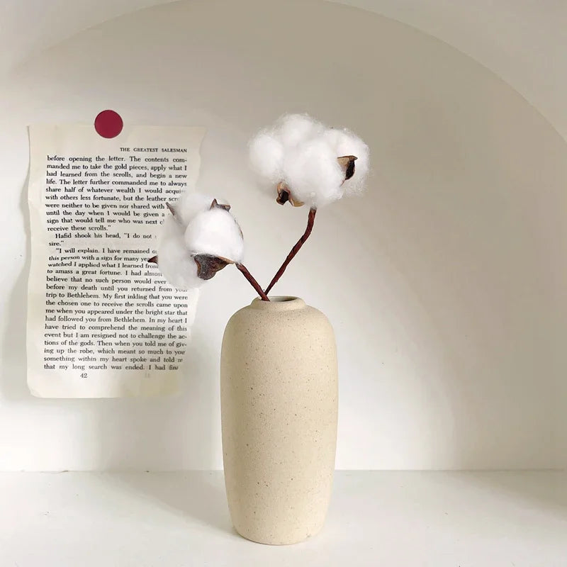 Beige vase with cotton branches on a white surface with text background