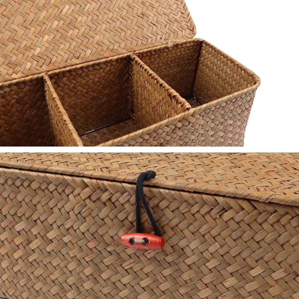 Woven storage box with compartments and a lid, featuring a close-up of the handle.