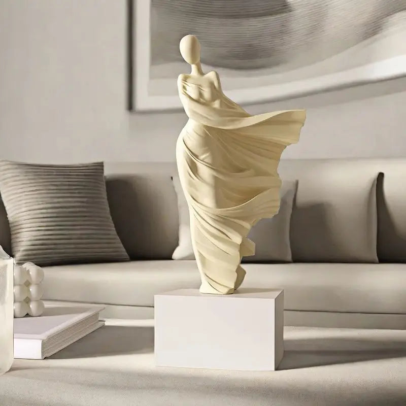 Decorative sculpture on a pedestal in a modern living room setting