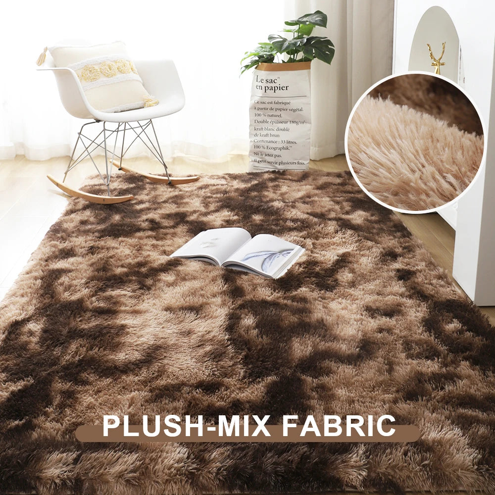 Brown plush-mix fabric rug with a close-up of texture, placed in a room with a chair and plant.