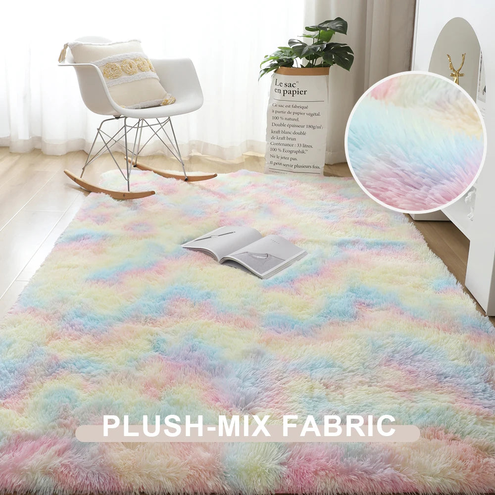 Unicorn colored plush rug in a room with a chair and plant, featuring 'Plush-Mix Fabric' text.
