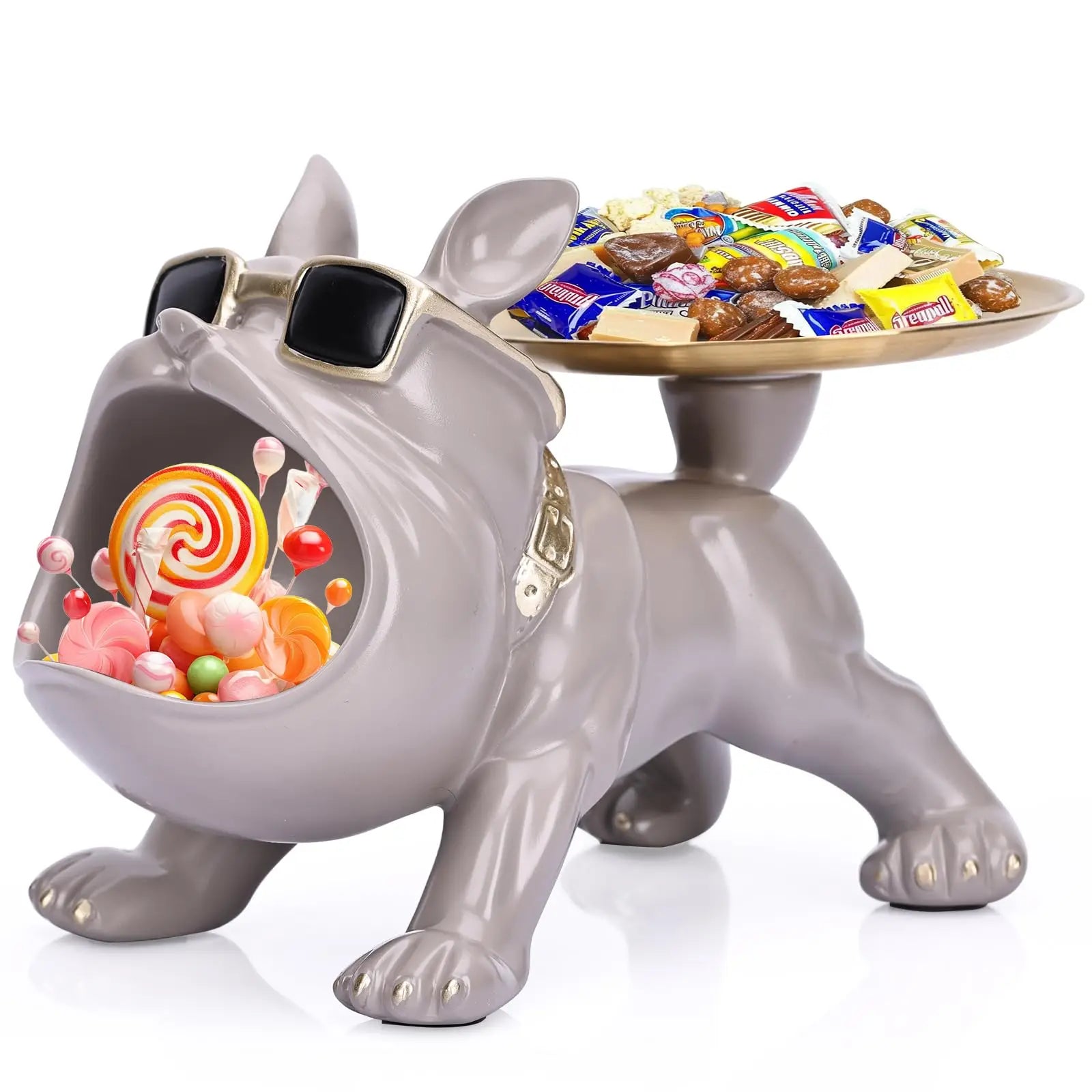 Bulldog-shaped candy dish with sunglasses and a tray of candies on a white background