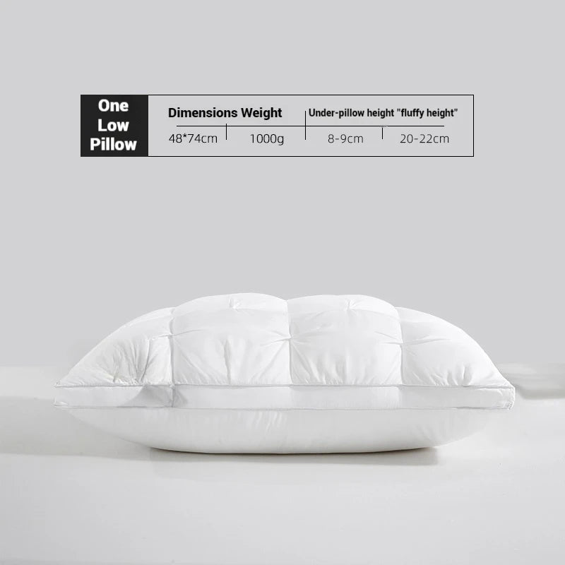 White pillow on a gray background with dimensions: 48x74cm, 1000g
