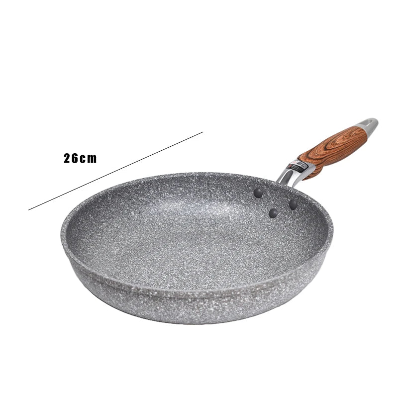 Gray speckled frying pan with wooden handle on a white background, 26cm diameter