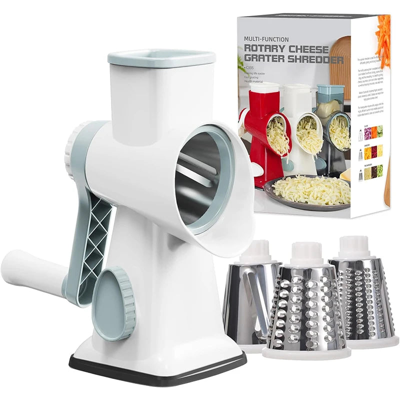 Multi-function rotary cheese grater shredder with packaging and additional attachments on a white background