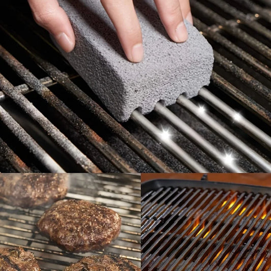 Cleaning grill with a grill cleaning brick, followed by grilling burgers and flames.