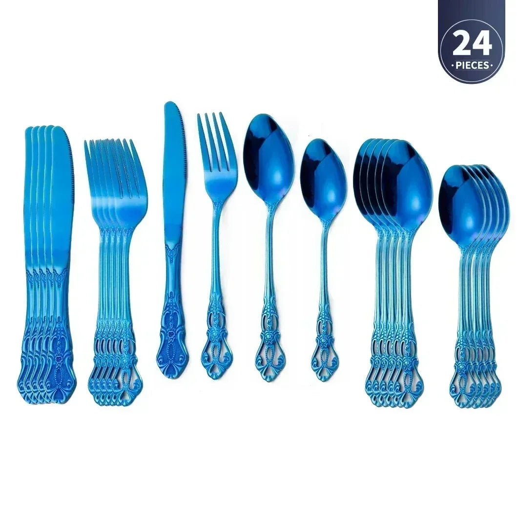 Set of blue plastic cutlery including forks, knives, and spoons on a white background with '24 Pieces' label.