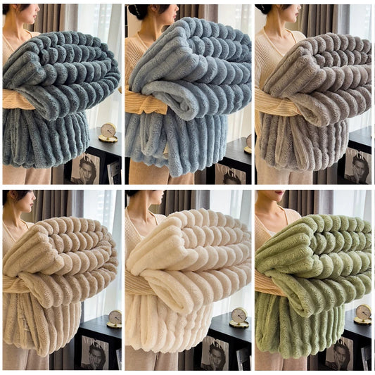 Collage of a person holding folded blankets in various colors.