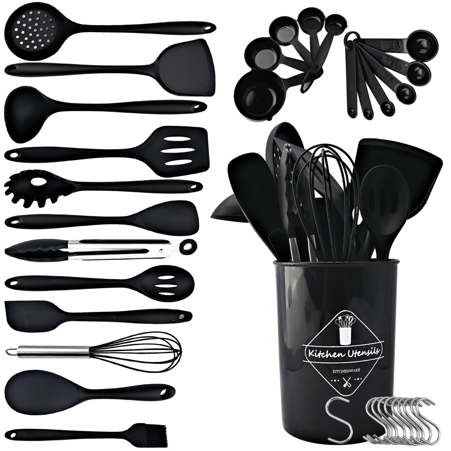 Black kitchen utensil set:
Shovel Spatula
Slotted Spoon
Slotted Turner
Ladle
Spagheti Server
Slotted Serving Spoon
Scraper
Serving Spoon
Tongs
Whisk
Rice Spoon
Brush
Utensil Holder
Measuring spoon set (11 pieces)