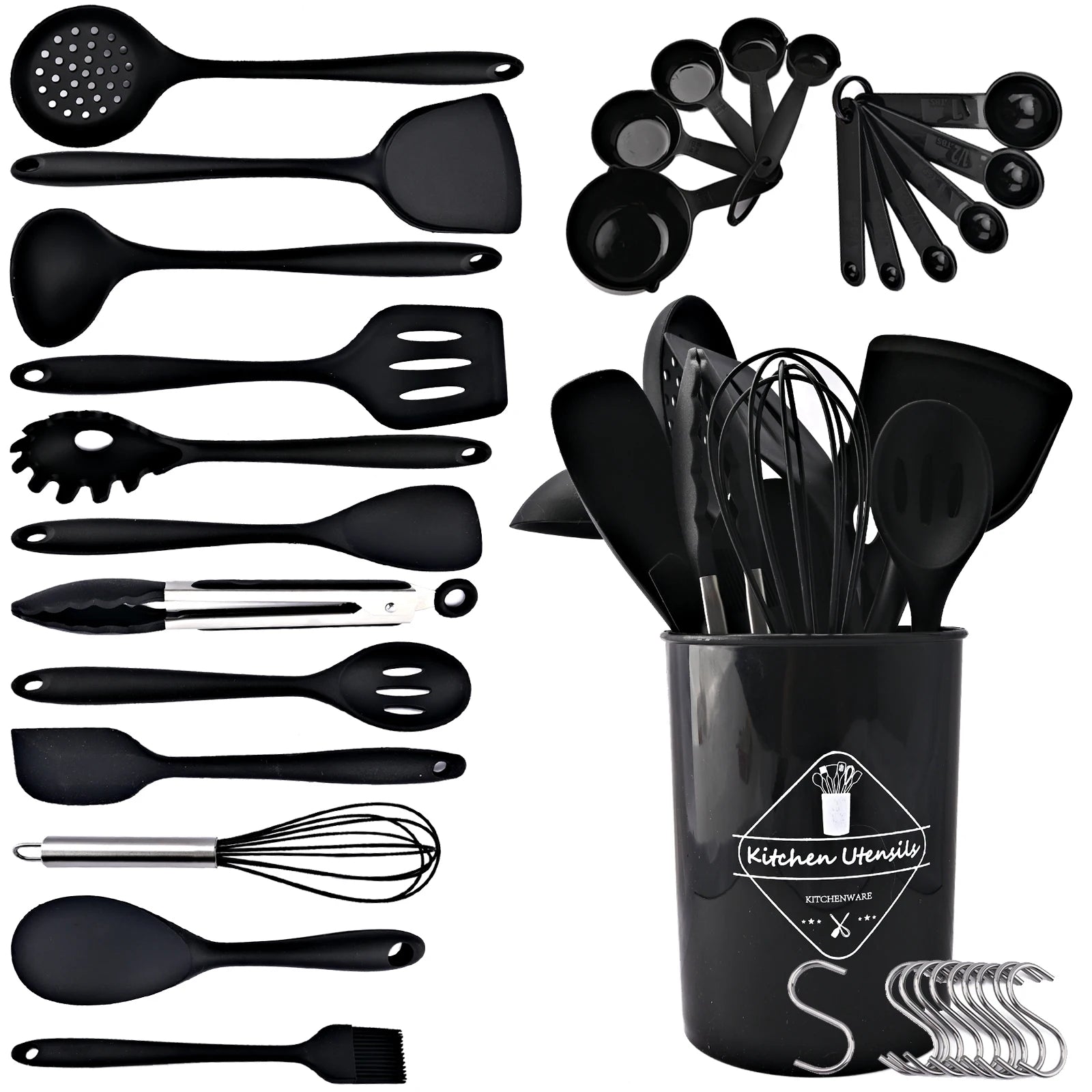 Black kitchen utensil set:
Shovel Spatula
Slotted Spoon
Slotted Turner
Ladle
Spagheti Server
Slotted Serving Spoon
Scraper
Serving Spoon
Tongs
Whisk
Rice Spoon
Brush
Utensil Holder
Measuring spoon set (11 pieces)