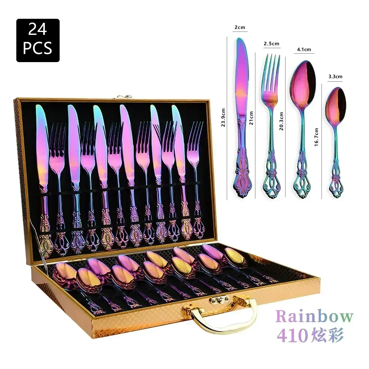 Set of 24-piece iridescent cutlery set in a wooden box with measurements displayed.
