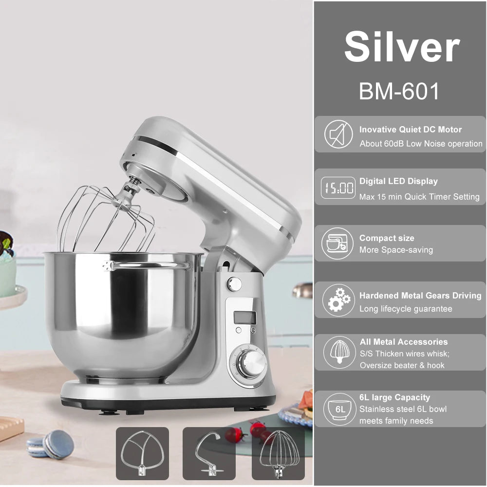 Silver stand mixer with features listed on a gray background