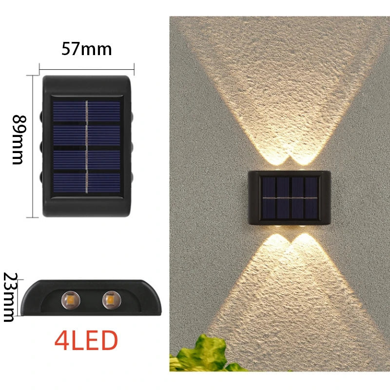 Solar wall light with dimensions: 55mm x 89mm, 23mm height. LED details on a white background