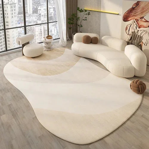Modern living room with a white, wavy-patterned rug and a white sofa.