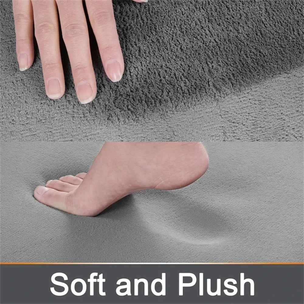 Gray textured surface with a hand and foot touching it, labeled 'Soft and Plush'.
