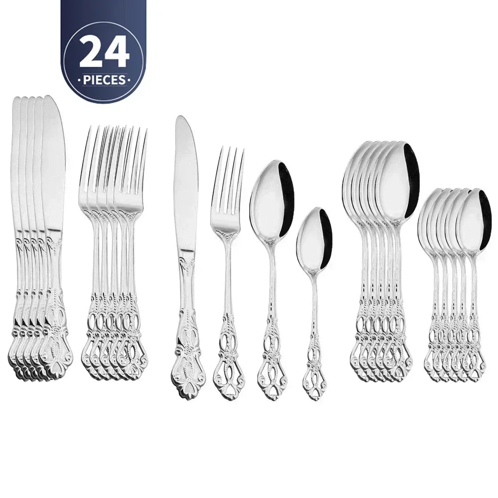 Set of silver flatware including forks, knives, and spoons with a '24 Pieces' label on a white background.