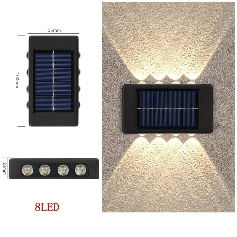 Solar wall light with dimensions: 55mm x 100mm, 23mm height. and LED count on a textured wall background