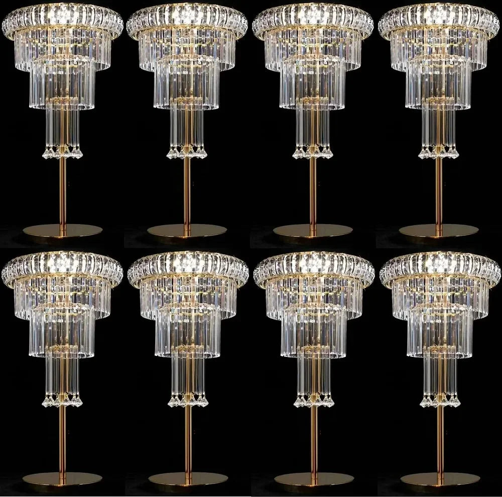 Multiple crystal chandeliers arranged in a grid on a black background