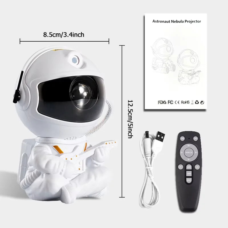 Astronaut nebula projector with dimensions 5 inches height and 3.4 inches diameter, remote control, and cable displayed on a white background.