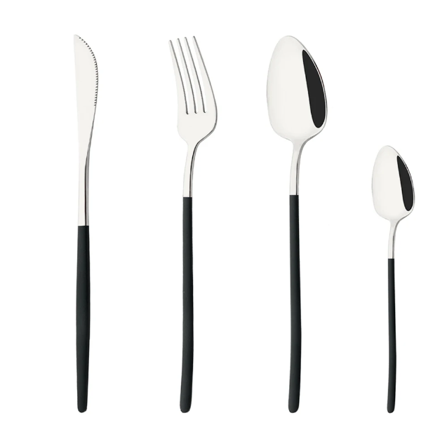 Set of silver cutlery with black handle including knife, fork, and two spoons on a white background